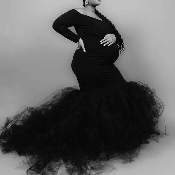 fitted lace wedding dress Black Lace Twist Draped Sheer Mermaid Photoshoot Maternity Maxi Dress Black / L main image 1